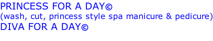 PRINCESS FOR A DAY©  (wash, cut, princess style spa manicure & pedicure) DIVA FOR A DAY© (wash, cut, diva style, spa manicure & pedicure)