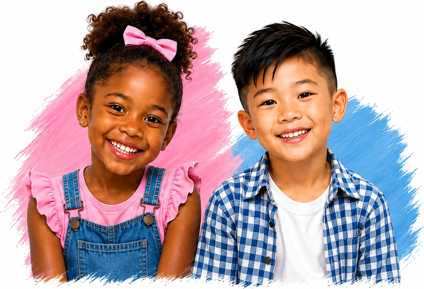 A smiling girl with a pink bow and overalls and a smiling boy in a blue checked shirt, in front of pink and blue paint strokes