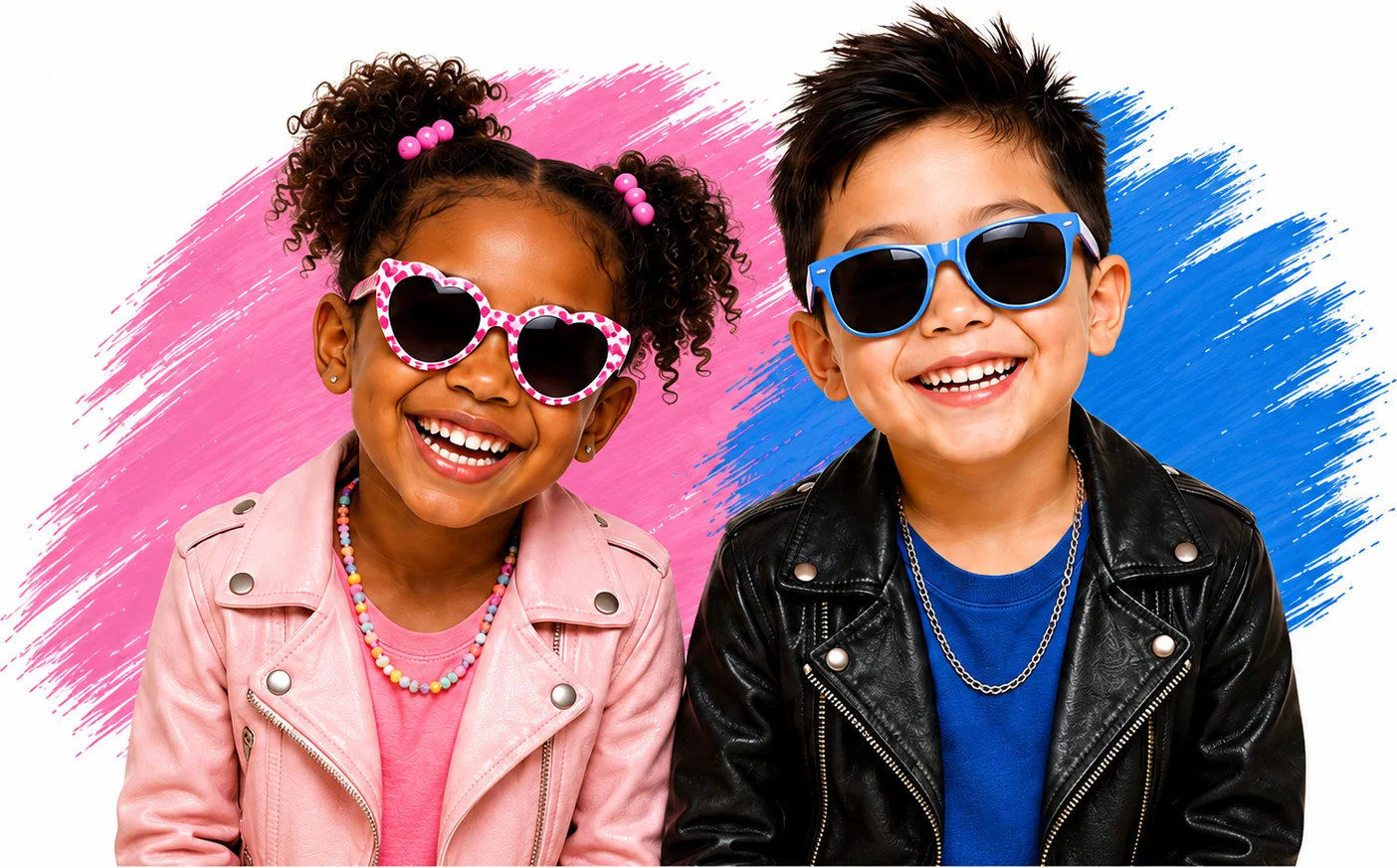 A laughing girl in heart-shaped sunglasses and a pink jacket and a smiling boy in blue sunglasses and a leather jacket, in front of pink and blue paint strokes