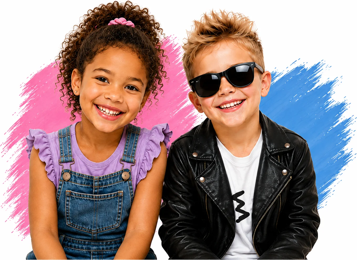Two smiling kids at Jack & Jill: a girl with a curly ponytail in overalls and a boy in sunglasses and a leather jacket, in front of pink and blue paint strokes
