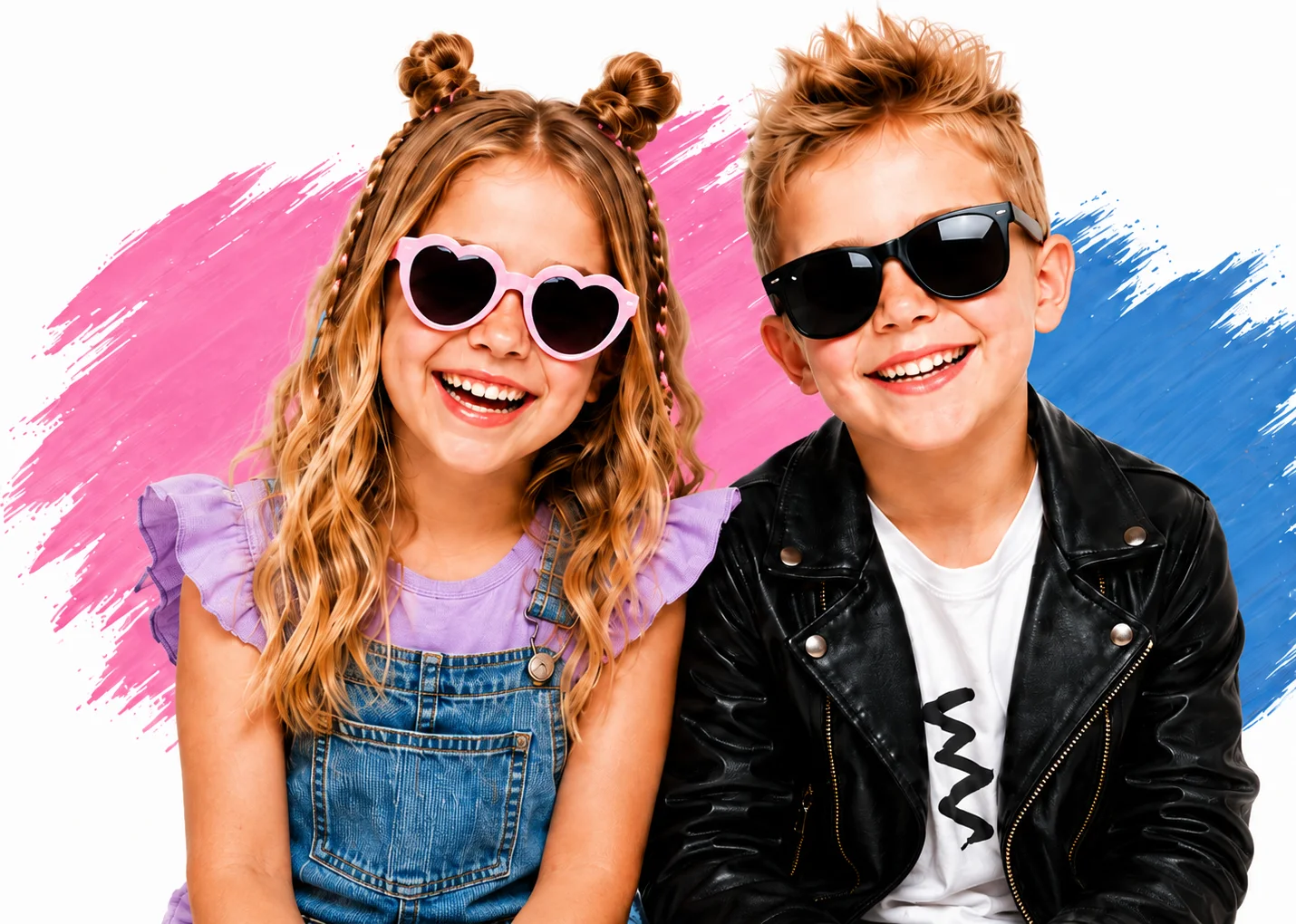 A laughing girl in heart-shaped sunglasses with braided buns and a boy in dark sunglasses and a leather jacket, in front of pink and blue paint strokes